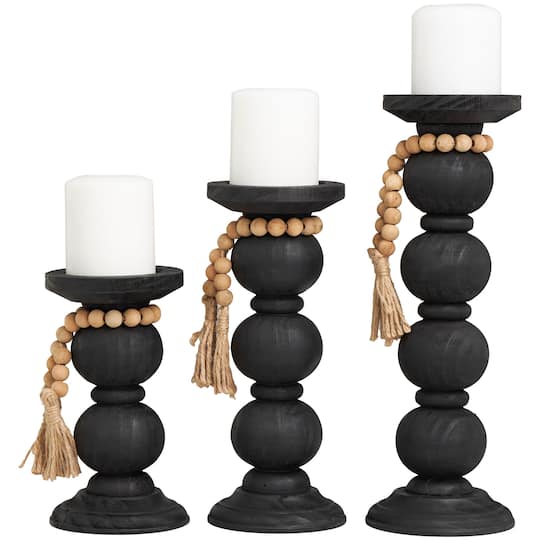 Black Wood Handmade Bubble Inspired Matte Candle Holder with Beaded Garland Set